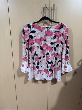 Charter Club White Blouse with Pink & Black Floral Print